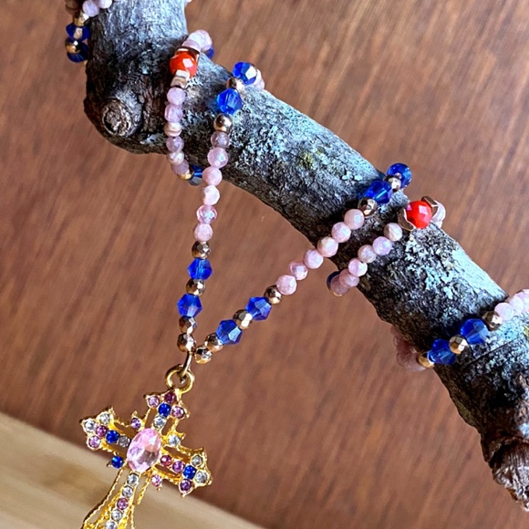 Rhodochrosite with Austrian Crystals Christian Cross Necklace - Picture 9 of 11